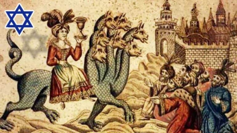Seven-headed dragon attacking people in biblical scene.