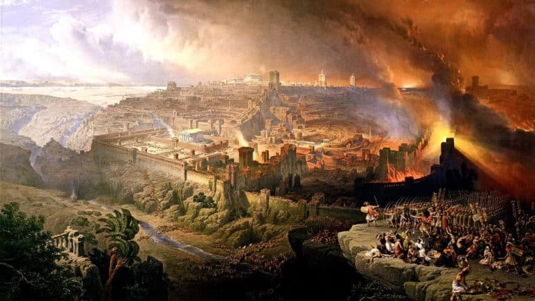 Destruction of Jerusalem with flames and smoke, biblical scene, apocalyptic imagery, religious artwork.