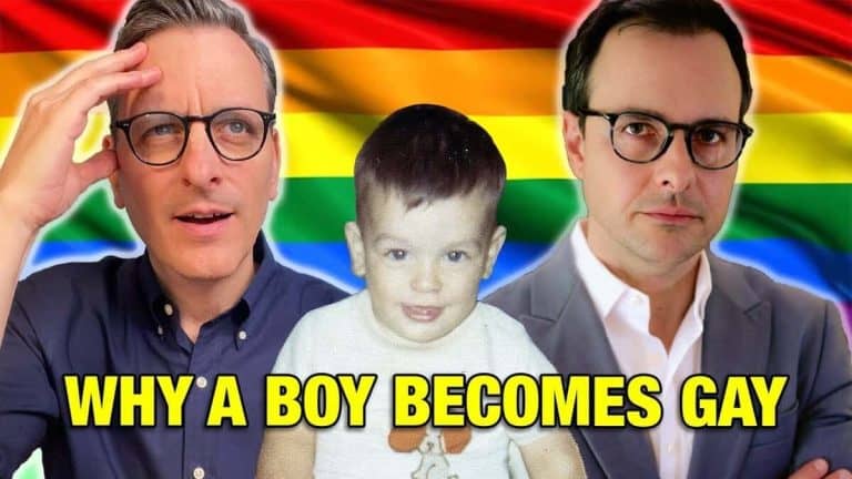 Curious boy and two men with glasses in front of rainbow pride flag, why a boy becomes gay, celebrating LGBTQ+ pride, Rejoice in Jesus.